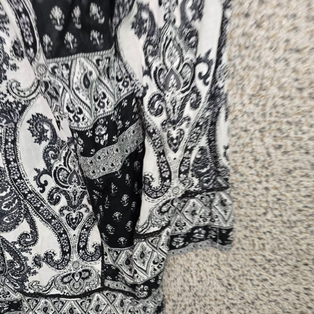 Lucky Brand Top Womens Medium Black Paisley Print Peasant Blouse Casual Neck Tie - Picture 2 of 7